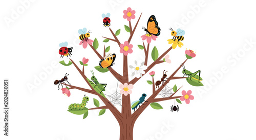Vibrant cartoon style illustration of a tree featuring diverse insects such as bees butterflies ants and caterpillars on its branches.