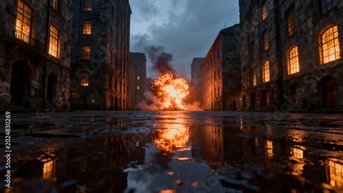 Explosion in urban street at night