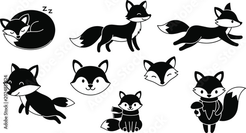 Foto Fox and Wildlife Icon Set with Sleeping, Walking, Running, Sitting, Cute Face, a