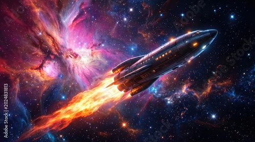 A sleek metallic rocket ship blasting off into a nebula leaving a trail of fire and sparks outer space deep space warp speed spacecraft universe astronomy exploration technology adventure