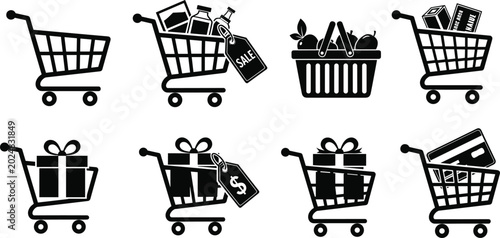 Konstfotografi Shopping Cart and Basket Icon Set with Full and Empty Carts, Gift Packages, Groc