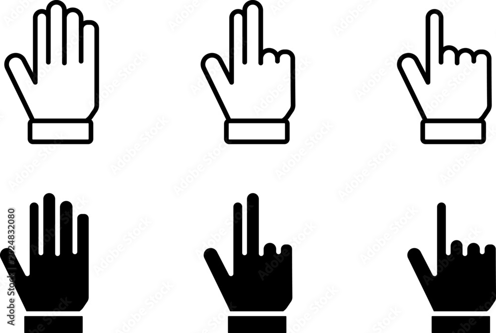 Fototapeta premium Hand Gesture Icons Set with Open Palm Two Fingers and One Finger Point in Outline and Solid Style