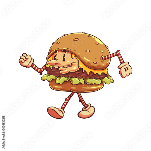 Cheesy cartoon burger mascot marching happily with stretchy limbs, melty layers, and playful retro fast-food comic personality vibes.
