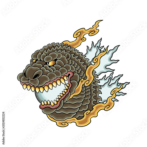 Traditional Javanese tattoo style illustration of a giant armored reptile head with sharp teeth and golden flames, perfect for t-shirt design, apparel streetwear, posters, stickers, and mascots.