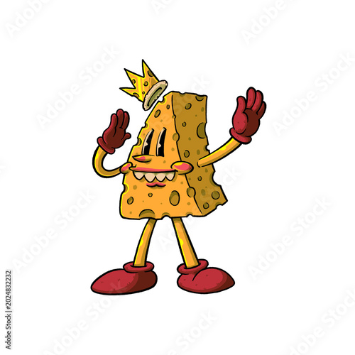 A retro rubber-hose style cartoon character of a Swiss cheese slice wearing a golden crown and red gloves, perfect for vintage t-shirt designs, stickers, logos, and streetwear apparel.