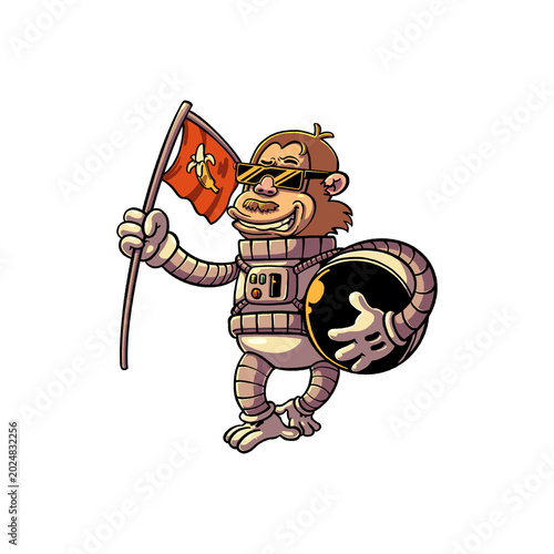 Photography cartoon monkey astronaut in a spacesuit holding a banana flag and helmet, perfect for space adventure, gaming logos, t-shirt prints, and playful vector design assets