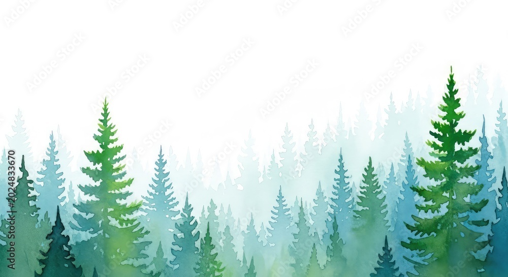 Obraz premium Elegant watercolor painting of a misty forest with pine trees in soft green and blue hues, perfect for background design and stationery, texture, soft, brush
