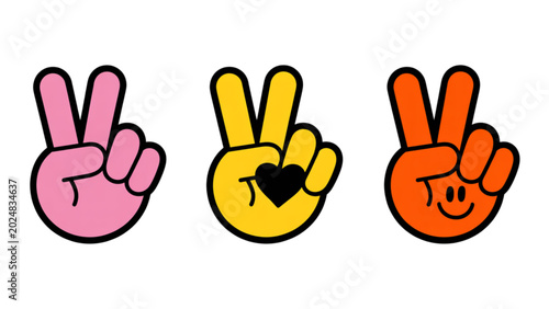 Foto Three colorful peace sign hand icons with happy faces Vector