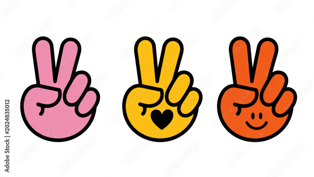 Fototapeta premium Three happy cartoon hands making peace sign gestures with cheerful expressions Vector
