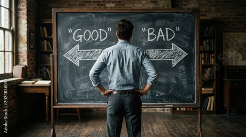 Man standing in front of a chalkboard with good and bad options