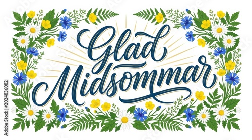 A premium commercial Scandinavian greeting card design for Swedish Midsummer, featuring an enormous hand-lettered Swedish phrase “Glad Midsommar” occupying most of the composition