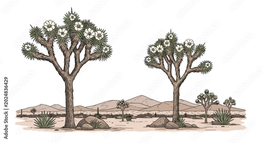 Fototapeta premium Landscape illustration of Joshua trees and sparse desert vegetation against a backdrop of distant hills and sandy ground.