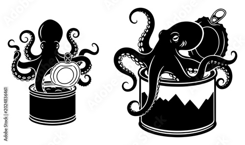 Schilderij op canvas Octopus crawling out of open tin cans in surreal graphic silhouette style
