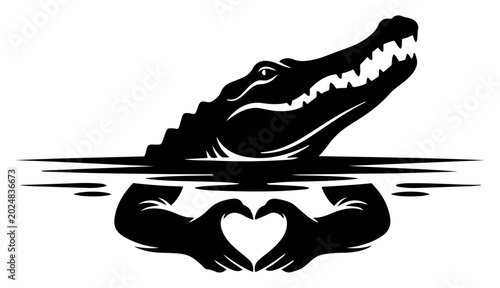 Crocodile head and arms forming a heart shape in water in conceptual silhouette style