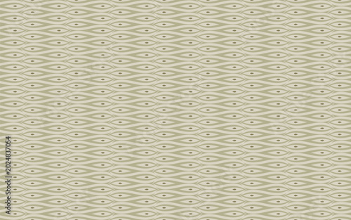Seamless geometric pattern with stylized fish. Background in olive tones with wave-like layout in modern, minimalist style and ethnic Arabic flair. Suitable for wallpaper, fabric prints.