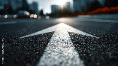 Close-up of a white arrow painted on asphalt road leading forward with direction