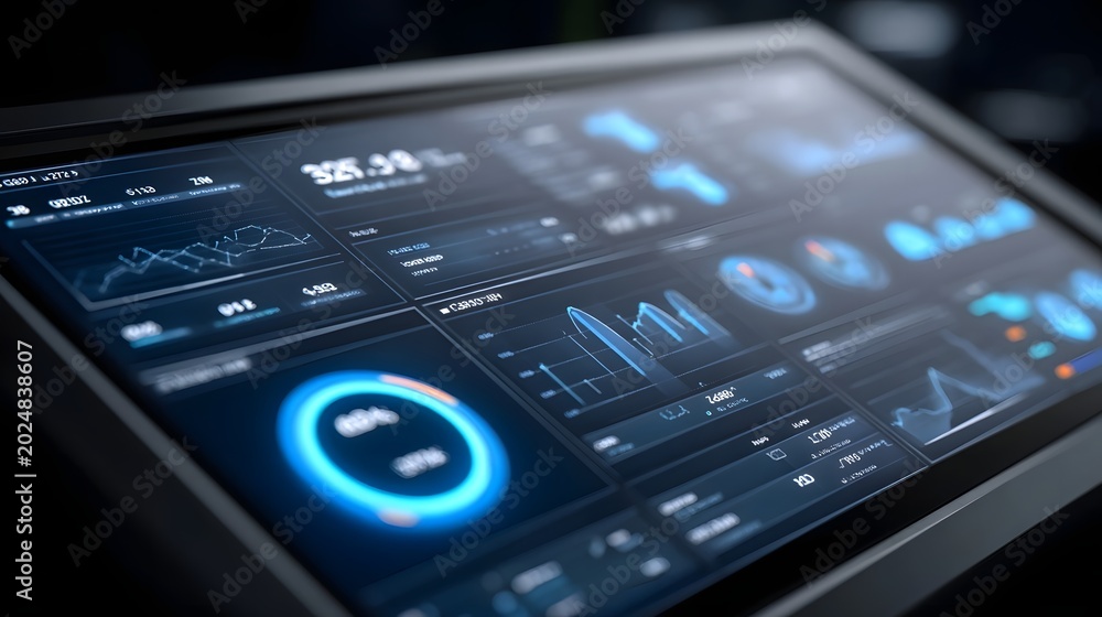 Obraz premium Abstract digital dashboard displaying interconnected data streams and glowing network nodes