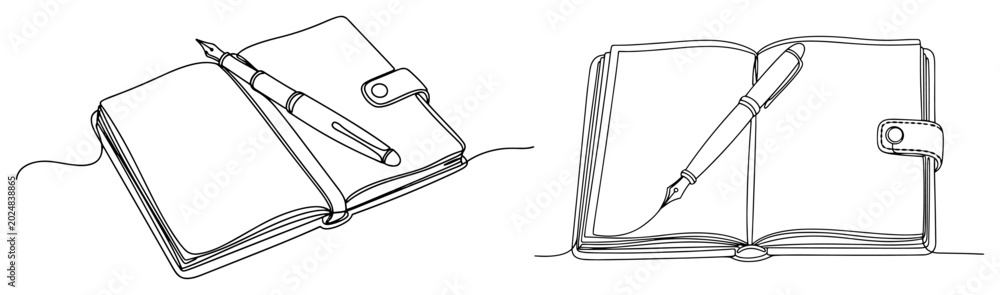 Obraz premium Open notebooks with pens for writing in continuous line drawing style