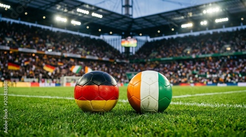 Two soccer balls featuring the national flags of Germany and Ivory Coast on the green grass field of a packed stadium during an international football tournament match