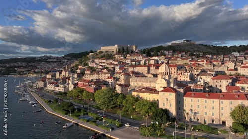 Aerial view of Sibenik, Croatia. St. James Cathedral, a UNESCO World Heritage Site, Old buildings, terracotta rooftops.
