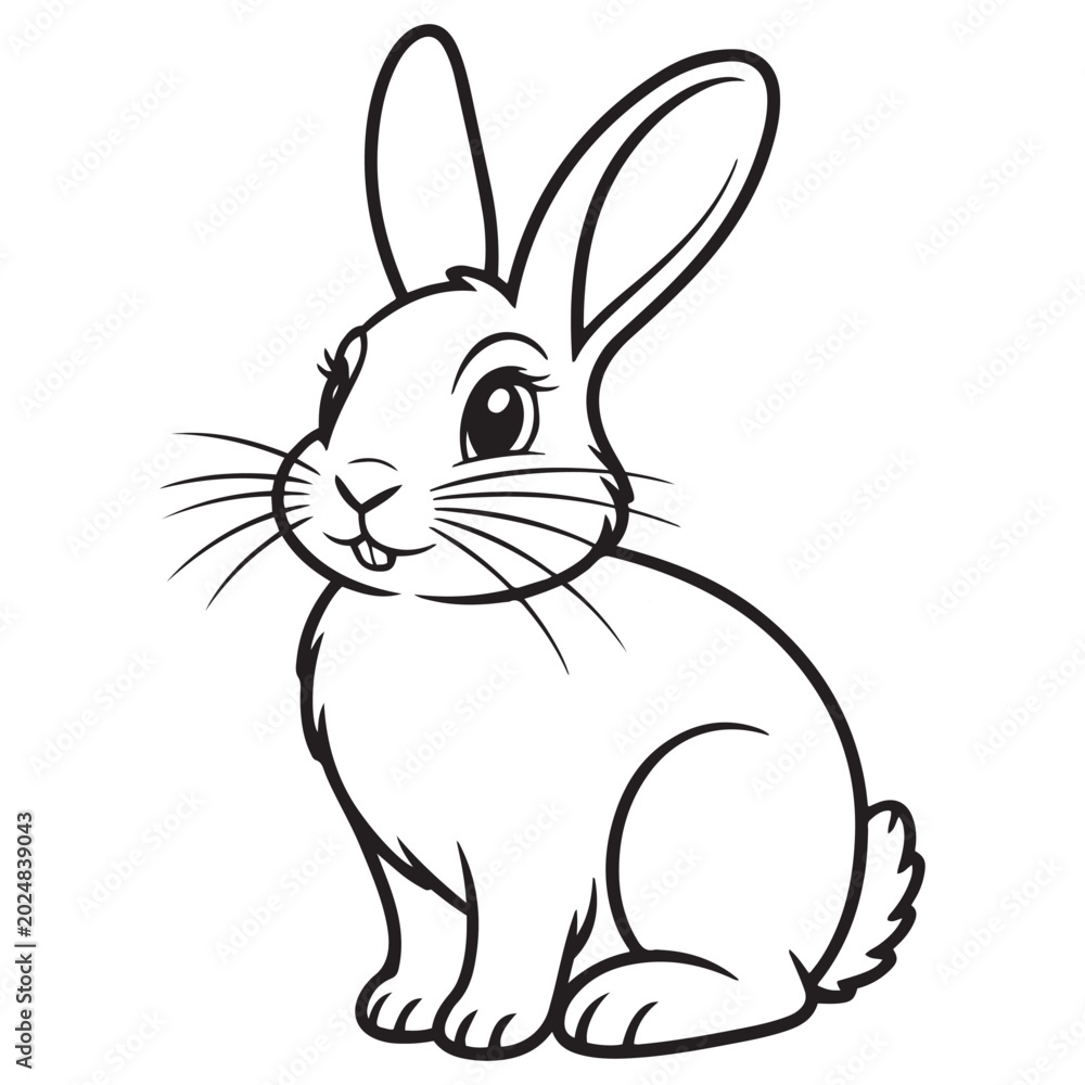 Obraz premium Cute bunny rabbit coloring page vector, hand drawn black and white line art illustration, adorable forest animal character for kids activity books