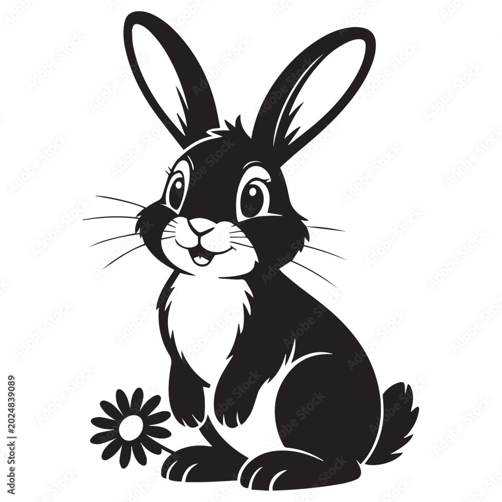 Obraz premium Cute bunny vector illustration, black and white rabbit character with flower, minimalist cartoon hare silhouette for Easter cards and nursery decor