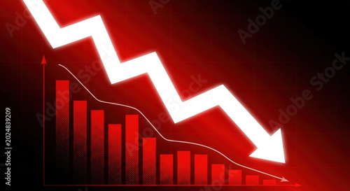 Financial Crisis and Stock Market Crash, Chart with Arrow Downwards, Recession and Economic Downturn, Risk and Loss, Negative Trend on Red Background