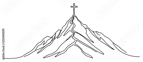 Cuadro en lienzo Mountain summit with religious cross at the top in continuous line art style