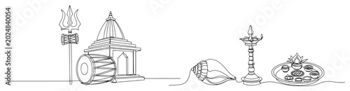 Photos Hindu religious symbols including trishula temple and puja items in minimalist l