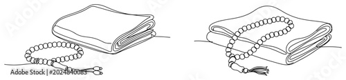 Fotografía Prayer beads and folded shawl for spiritual meditation in minimalist line art st