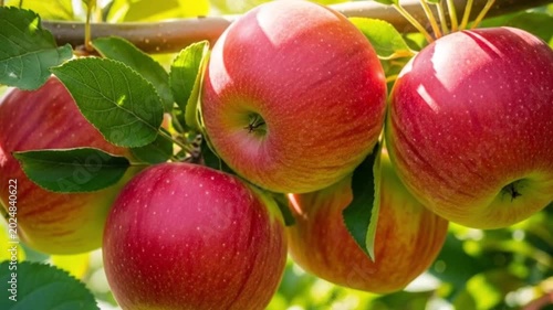Ripe red apples hanging from a tree branch in bright sunlight