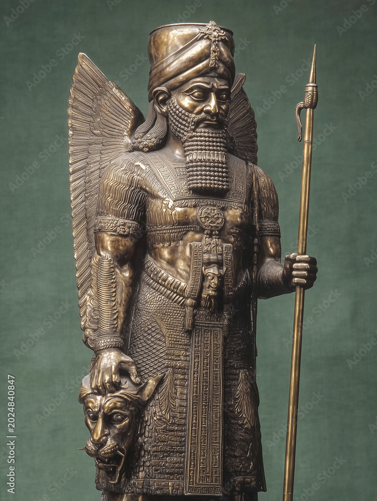 Obraz premium Bronze winged statue of Sumerian god king holding spear