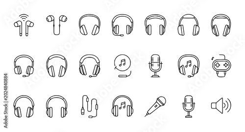 Minimal headphones and earphones vector icon collection for apps banners cards and posts isolated on white background