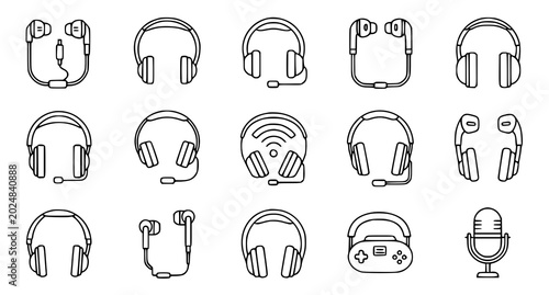 Headphones and earphones minimal linear vector icons with audio and music symbols isolated on white background