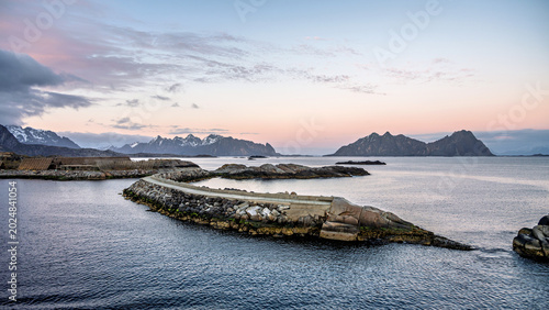 Entrance to harbour of Svolvaer, Lofoten, Norway, seen from water