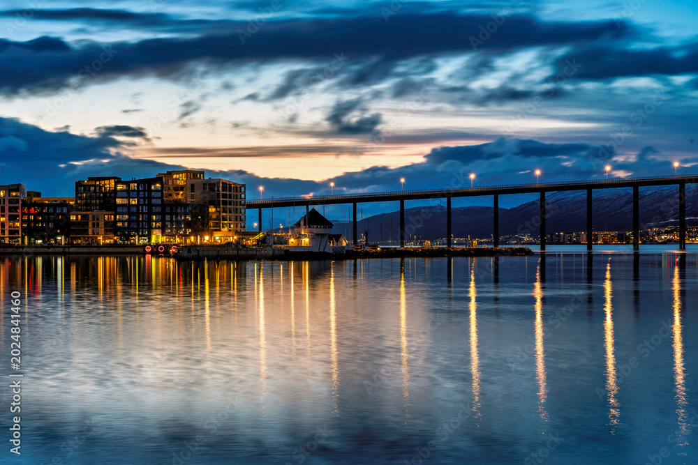 Fototapeta premium View to Tromsdalen bridge at sunset, Tromso, Norway