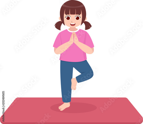 Cute Little Girl Practicing Tree Pose Yoga