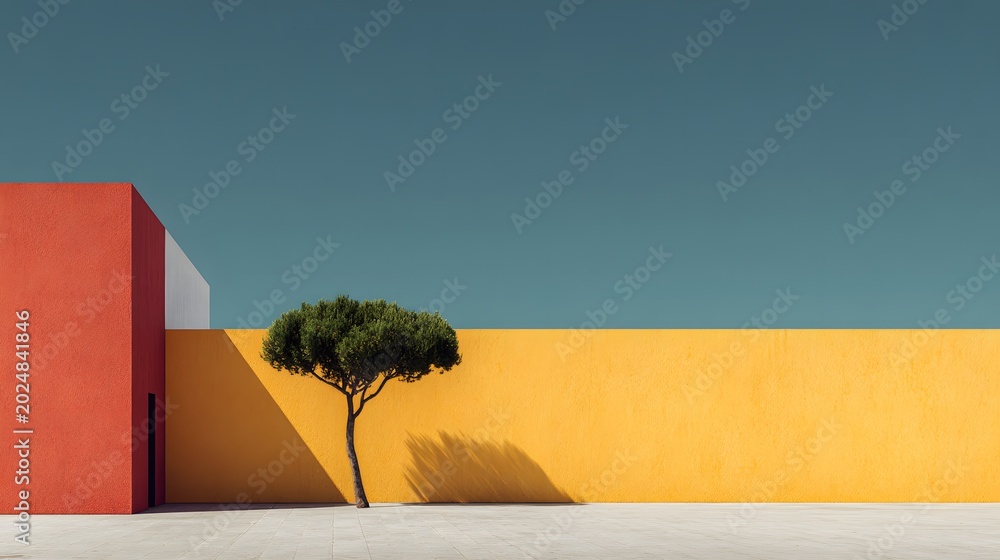 Obraz premium Minimalist architectural photography with vibrant color-block walls. A lone green tree stands against an orange wall and a blue turquoise sky background