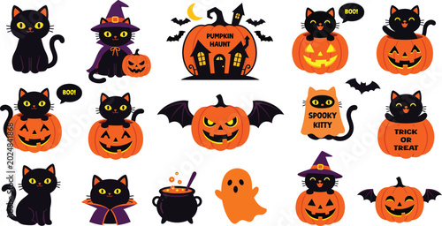 Photos Halloween stickers with black cats pumpkins ghosts and spooky elements isolated
