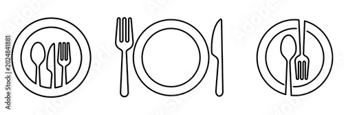 Fotografie Spoon Fork Knife and Plate Line Icon Set, Editable Stroke Tableware and Restaura
