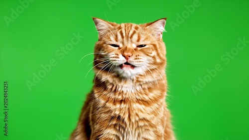 A cat laughing on green screen background