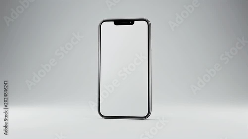 Front-facing smartphone with blank screen centered on neutral gray background, studio-lit minimalist product shot