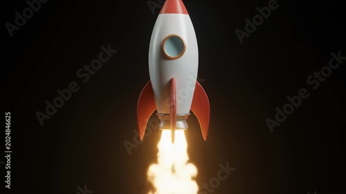 Stylized retro rocket launching against a dark background with bright flames and smoke, centered composition, dramatic lighting