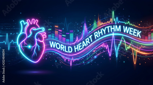 Vibrant Neon Glowing Human Heart and ECG Line with 'WORLD HEART RHYTHM WEEK' Text Illustration