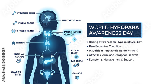 Human Endocrine System diagram with glowing glands and 'World Hypopara Awareness Day' text