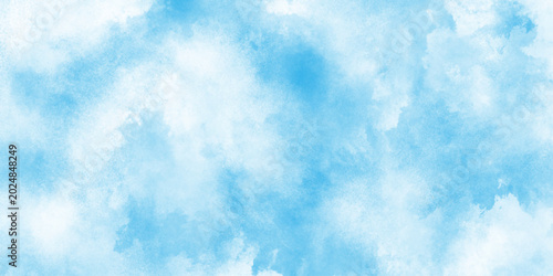Photography Creative design with grunge aquarelle paper textured canvas for vintage design, blue sky background with white clouds