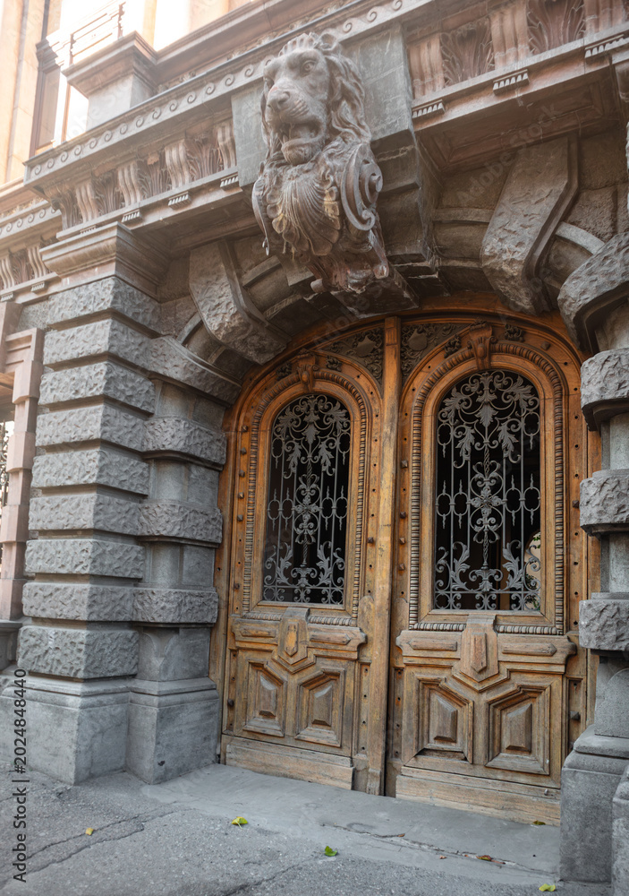 Obraz premium Ornate Wooden Door with Stone Carving
