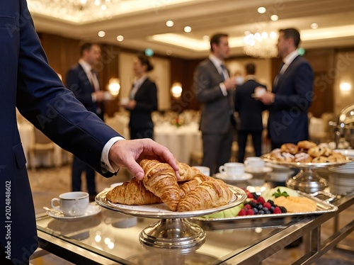 A group of business people at a hotel, enjoying breakfast pastries.