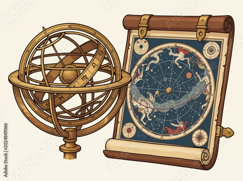 Картината върху платно This vintage-inspired illustration presents a beautifully crafted celestial astrolabe and star chart, symbolizing the mysteries of astrology and the elegance of ancient navigation techniques