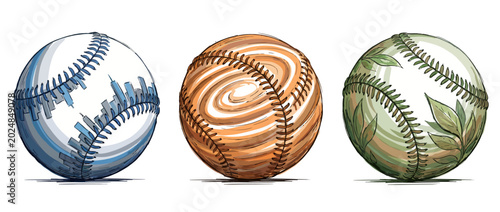 Canvas Print This image features three uniquely designed baseballs showcasing artistic patterns, each representing different styles and themes that add a creative flair to traditional sports